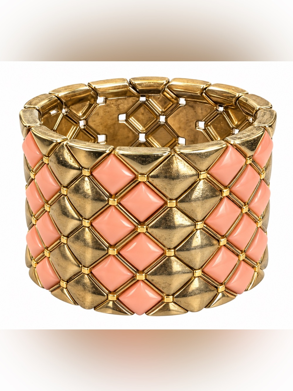 Vintage Gold Tone & Coral Pink Stretch Statement Bracelet